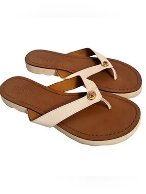 COACH Shelly white leather thong flip-flop sandals gold turnlock accents Sz 7.5